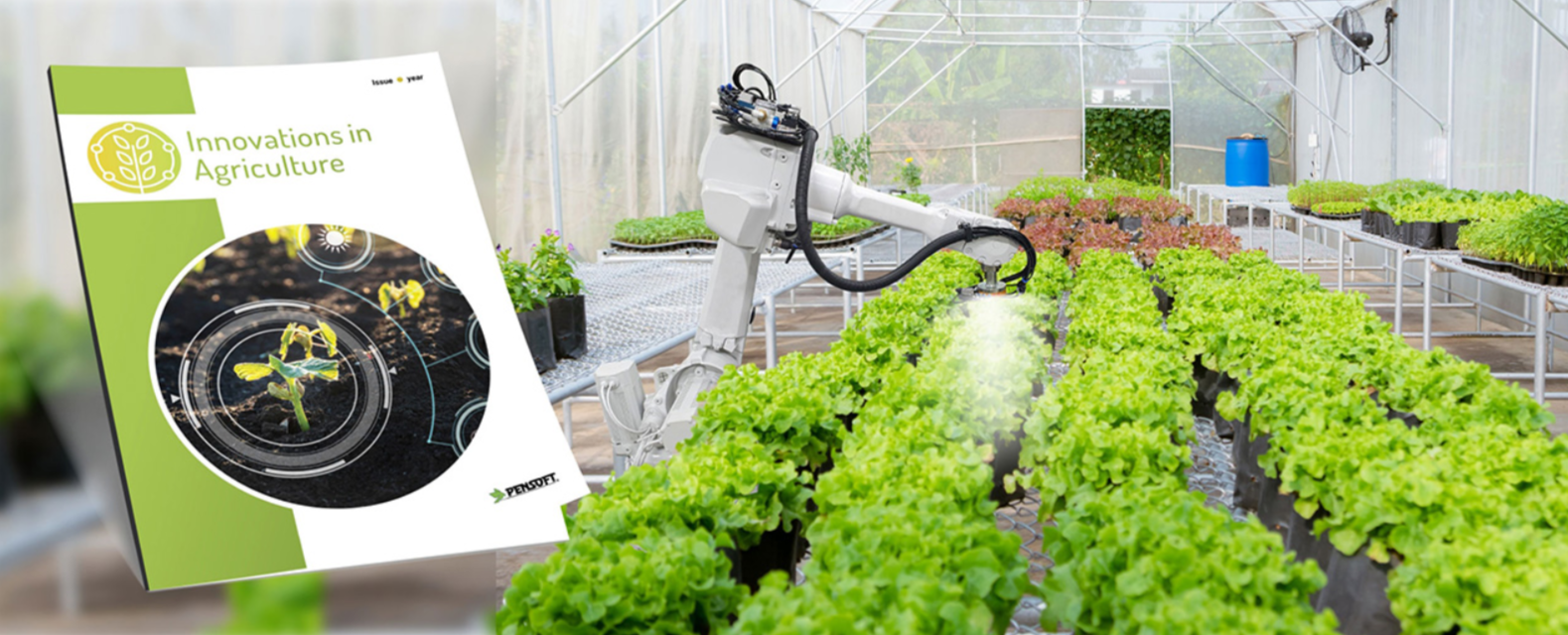 A green scientific journal next to crops being watered by a robotic arm.