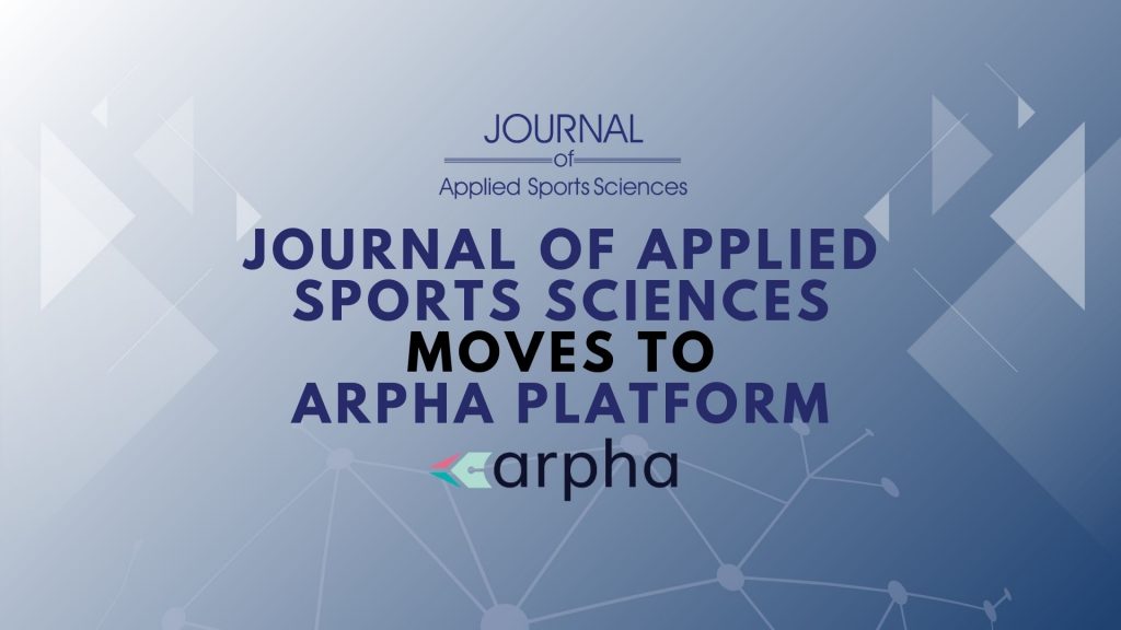 Text graphic announcing "Journal of Applied Sports Sciences moves to ARPHA platform" over a blue geometric background.
